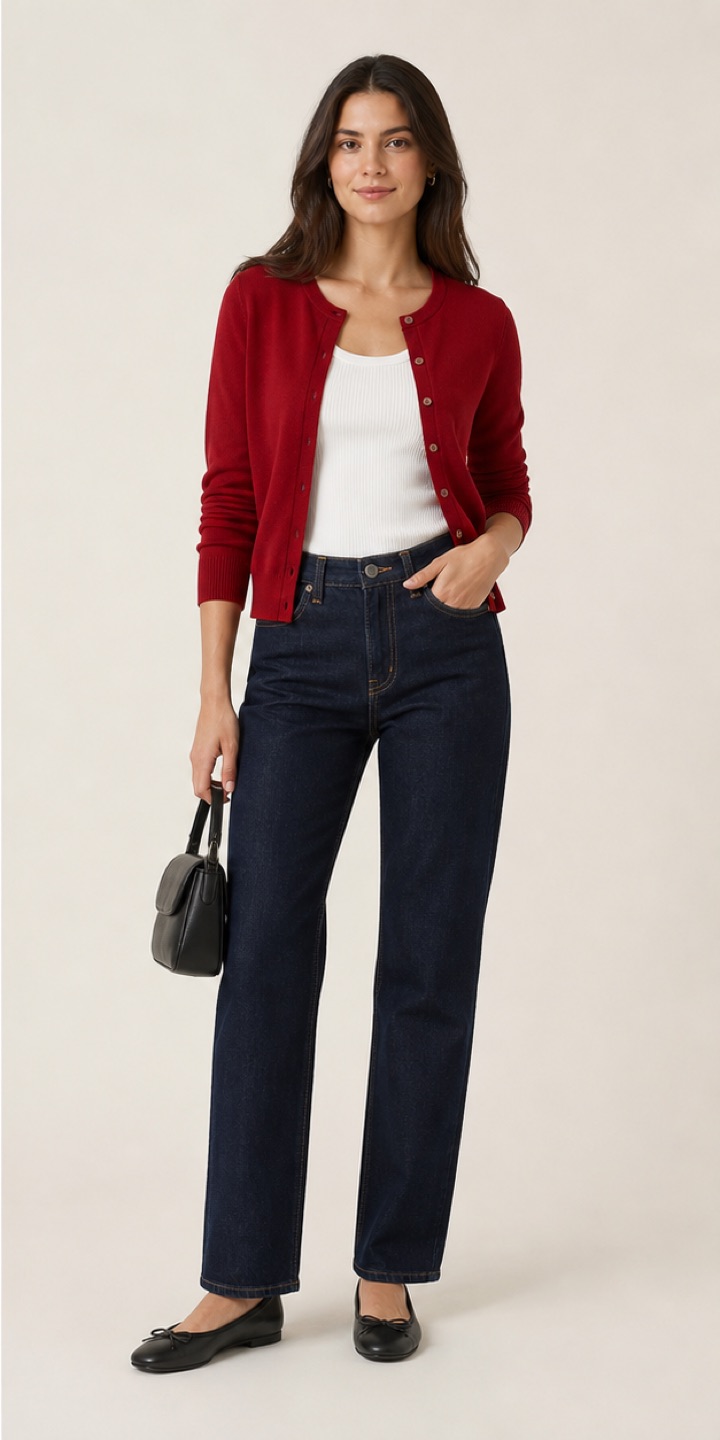 Outfit with Cherry-red fitted cardigan, White ribbed tank top, Dark-indigo straight-leg jeans curated by @dopasnap