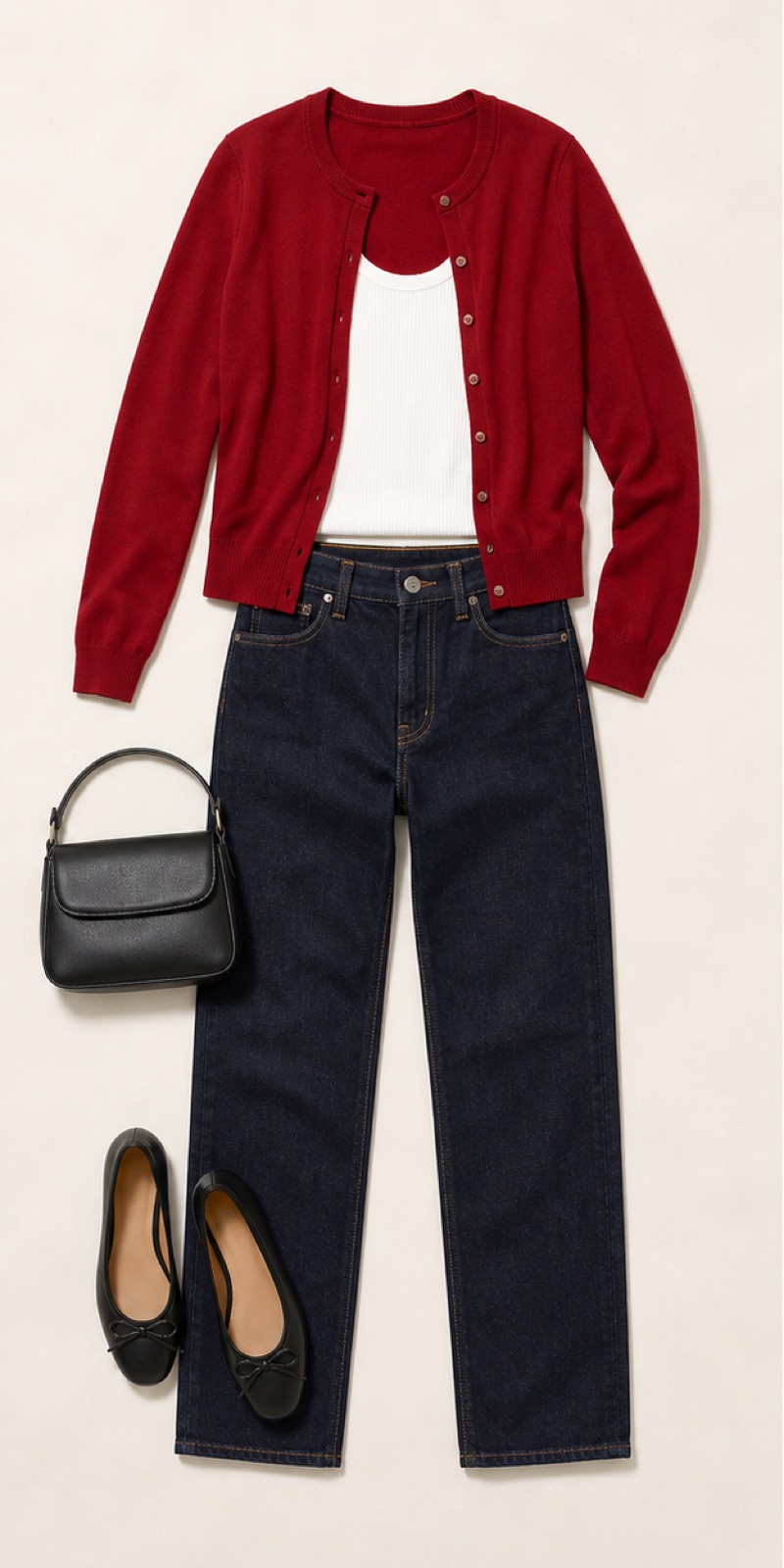 Outfit with Cherry-red fitted cardigan, White ribbed tank top, Dark-indigo straight-leg jeans curated by @dopasnap