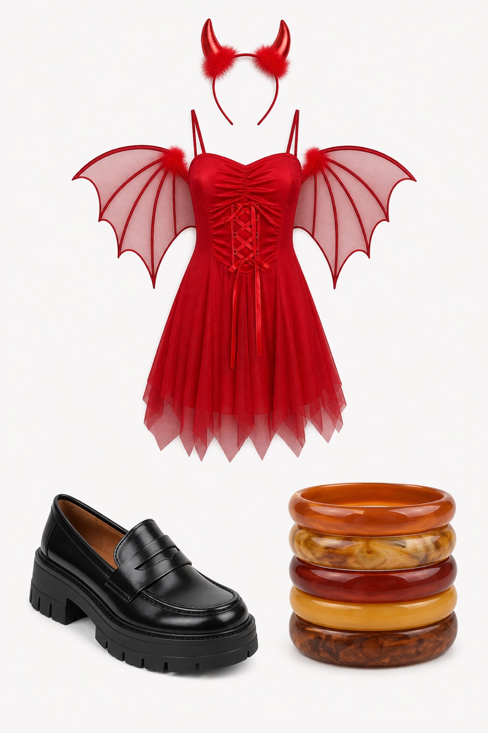 Outfit with Black Womens Loafers Platform Chunky Penny Loafer Office Business, Amber Set of Chunky Acrylic Resin Bangle Bracelets for Women, 5 PCS Womens Red Devil Costume Dress Mesh Wings Headband Set curated by @dopasnap