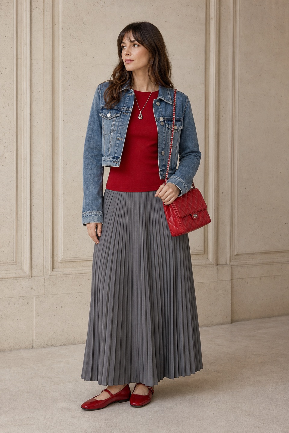 Outfit with Red Stretch Cashmere Blend Bodysuit, Gray Pleated Maxi Skirt, Red Mary Jane Flats curated by @dopasnap