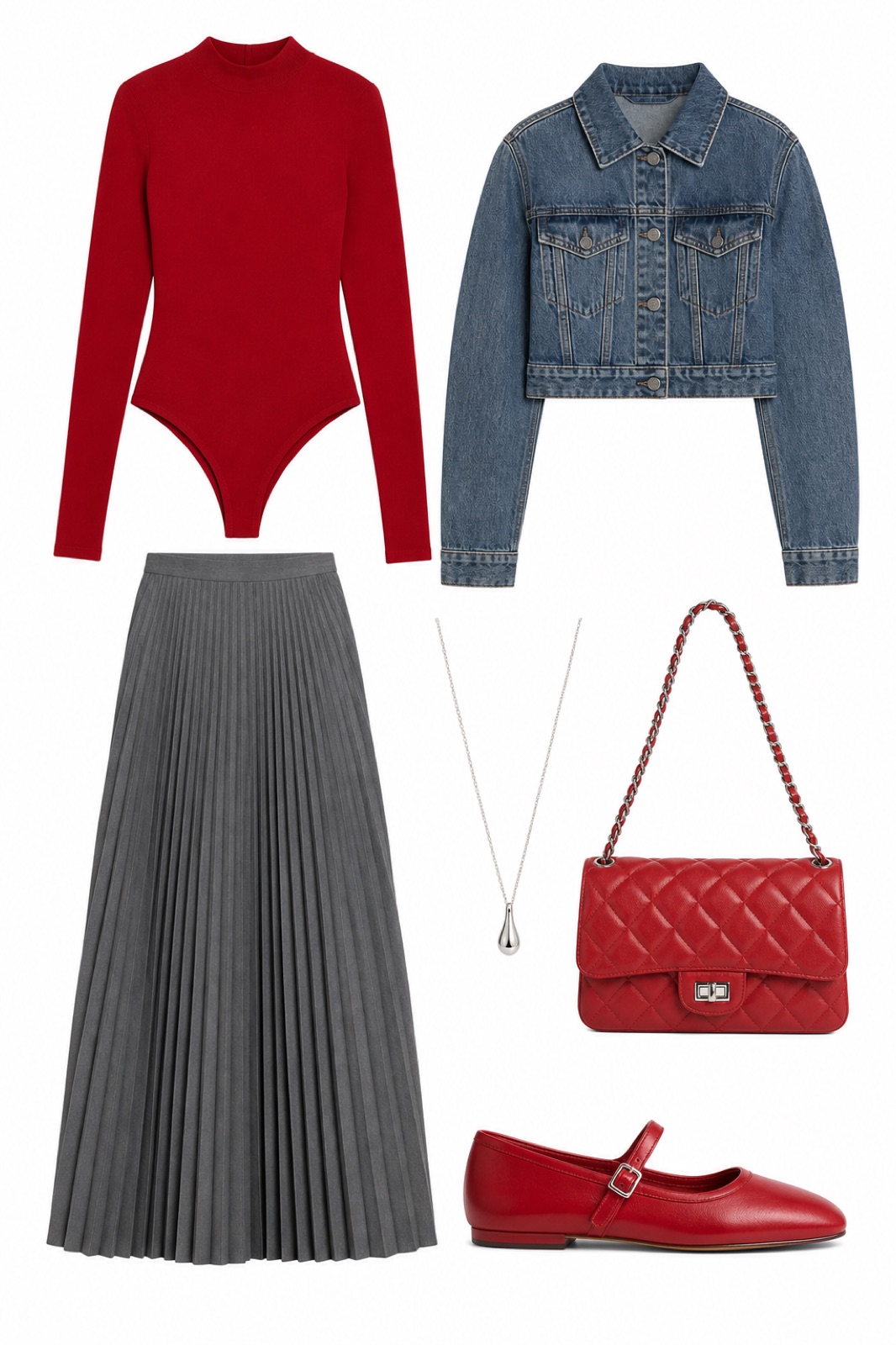Outfit with Red Stretch Cashmere Blend Bodysuit, Gray Pleated Maxi Skirt, Red Mary Jane Flats curated by @dopasnap