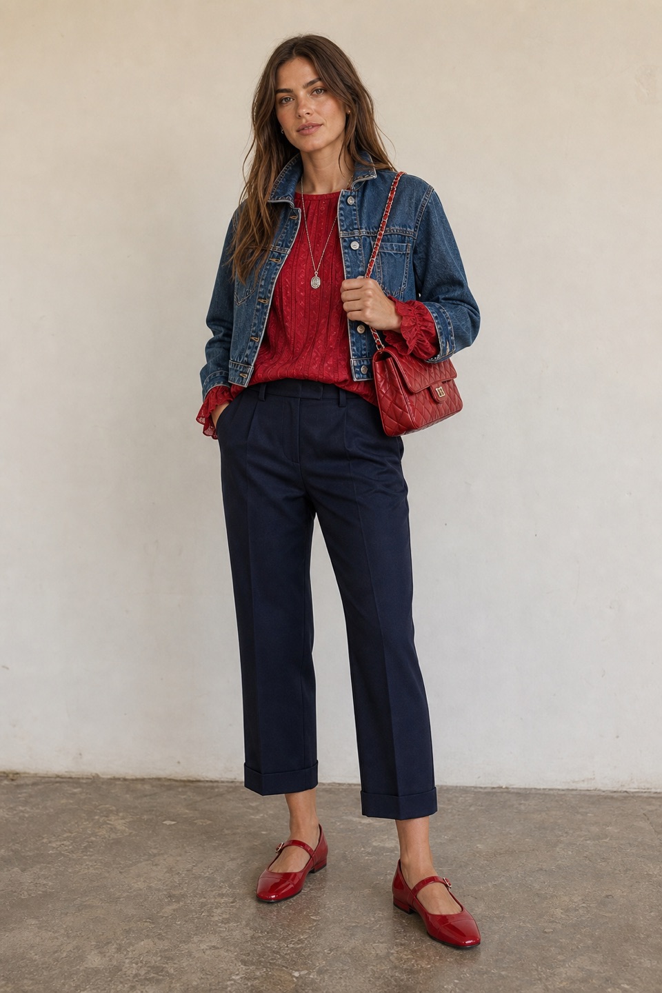 Outfit with Red Blouse, Navy Cropped Wool Trousers, Red Mary Jane Flats curated by @dopasnap