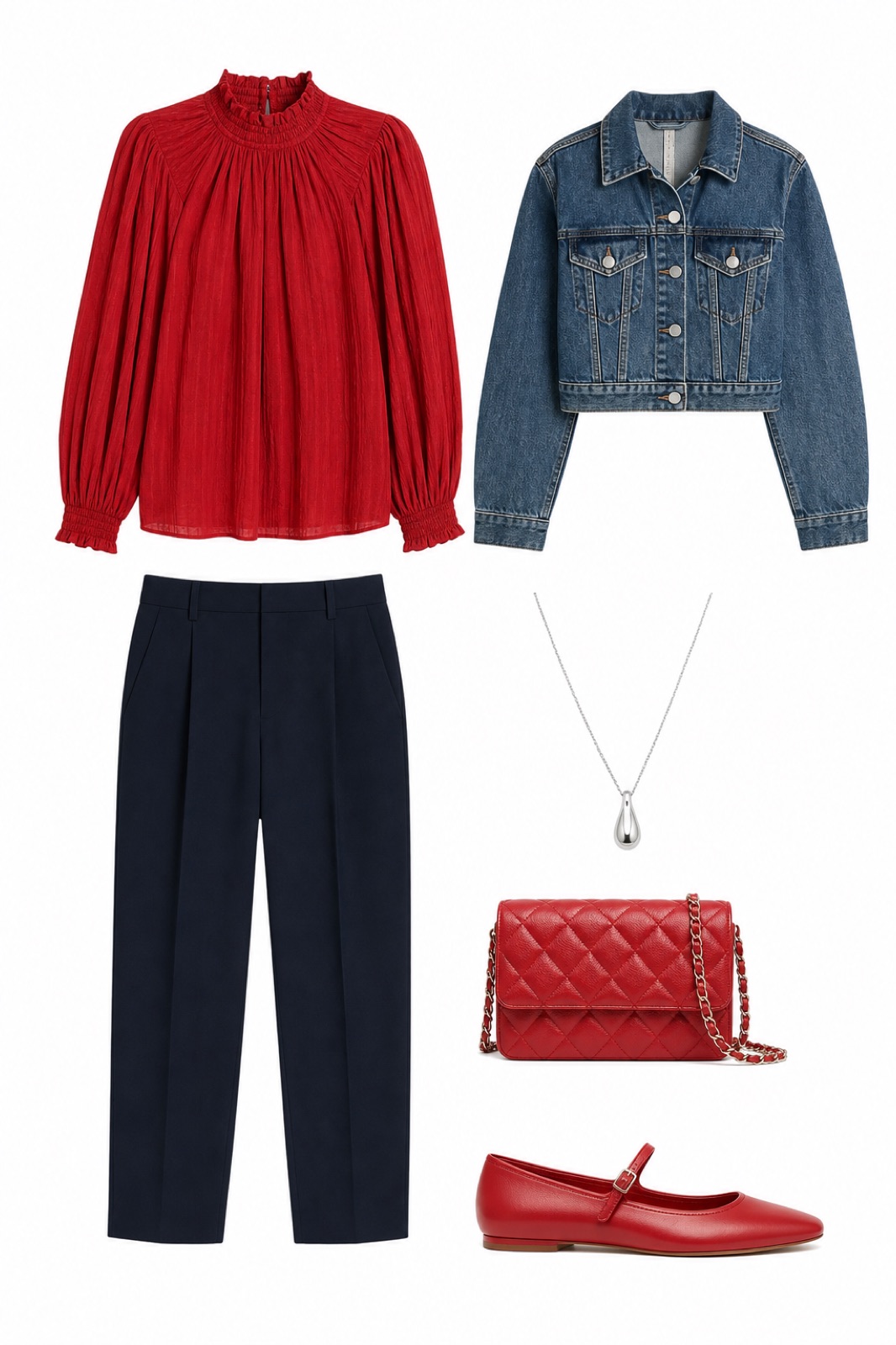 Outfit with Red Blouse, Navy Cropped Wool Trousers, Red Mary Jane Flats curated by @dopasnap