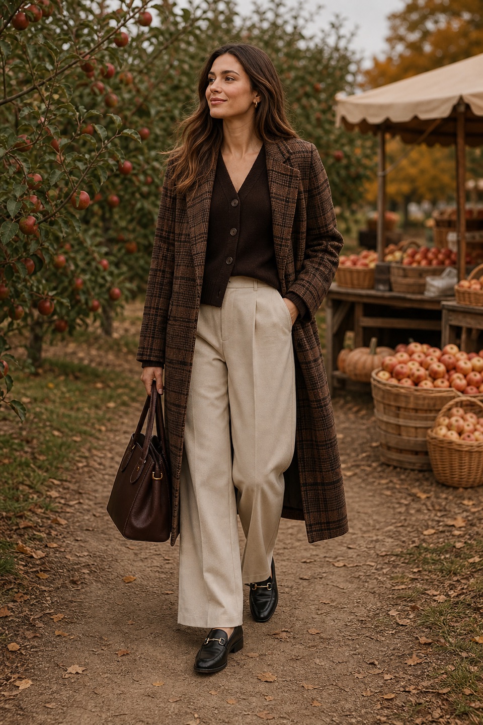 Outfit with dark brown button-front cardigan, Wide-Leg Trousers, Brown Plaid Longline Wool-Blend Coat curated by @dopasnap