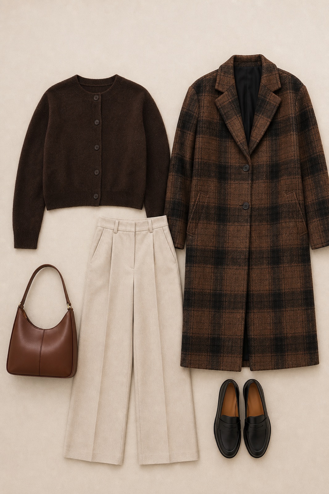 Outfit with dark brown button-front cardigan, Wide-Leg Trousers, Brown Plaid Longline Wool-Blend Coat curated by @dopasnap