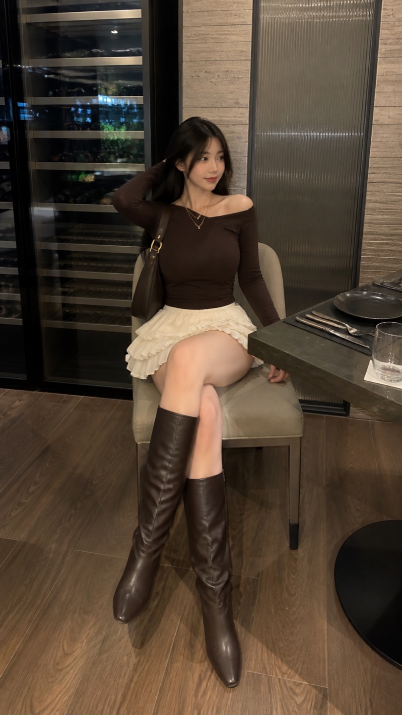 Outfit with Chocolate Asymmetrical Bodysuit, Cream Ruffled Mini Skirt, Brown Knee Boots curated by @dopasnap