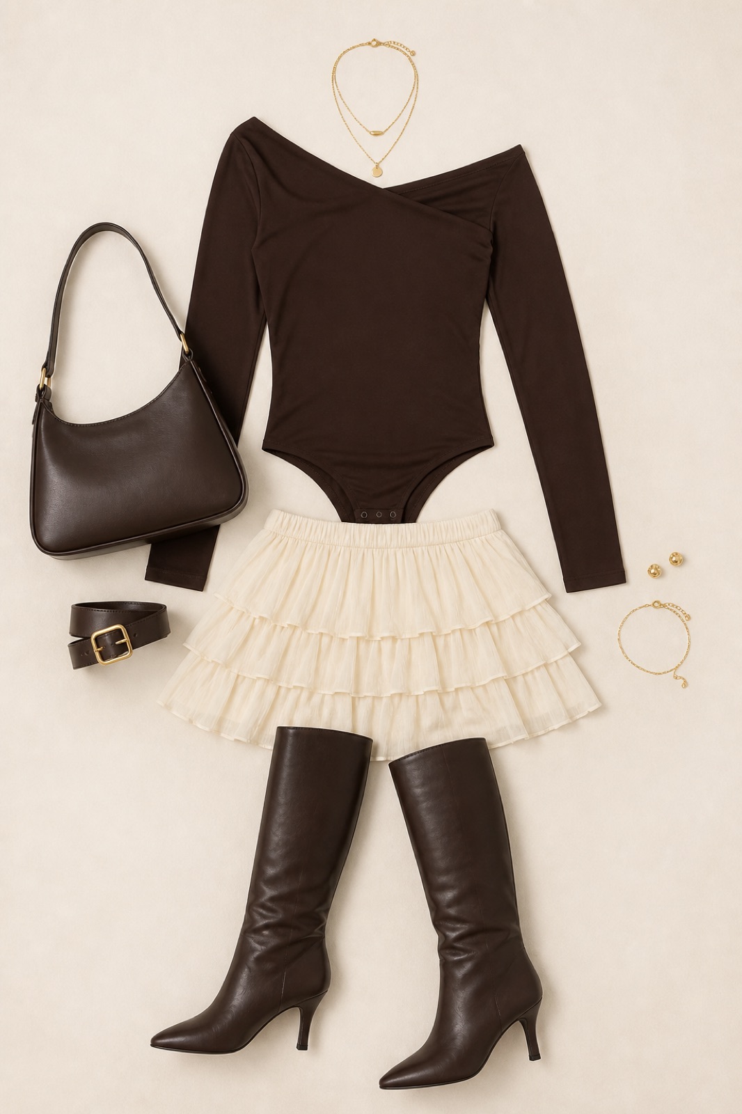Outfit with Chocolate Asymmetrical Bodysuit, Cream Ruffled Mini Skirt, Brown Knee Boots curated by @dopasnap