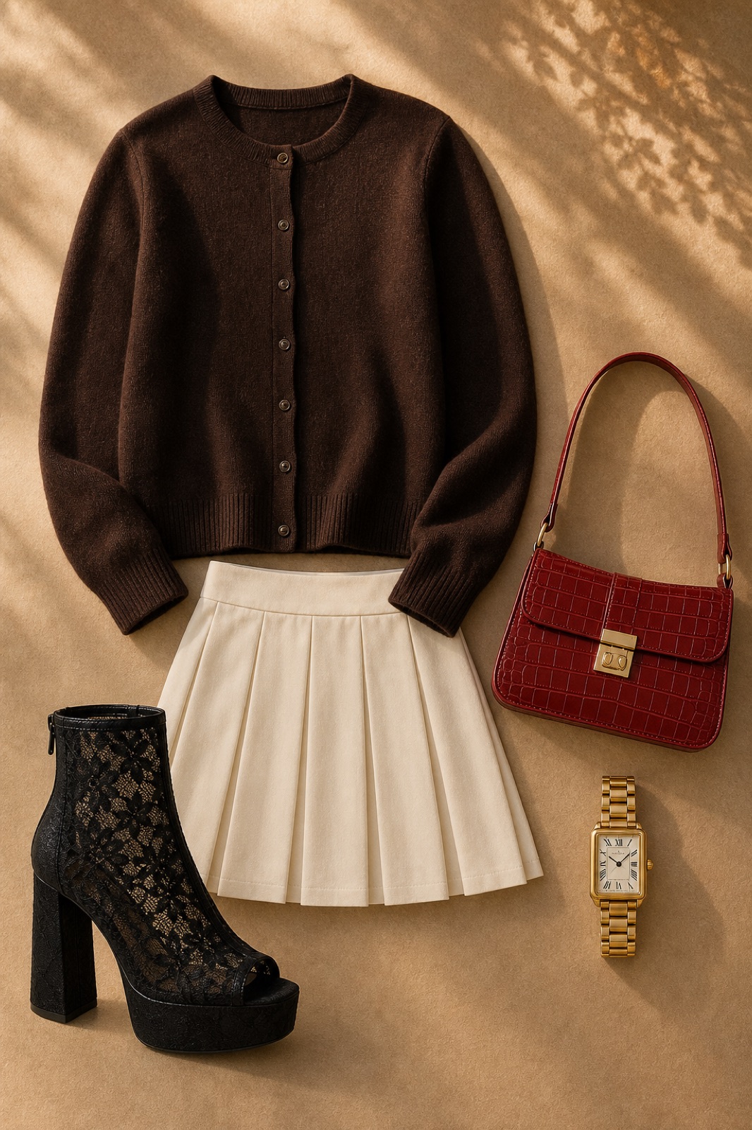 Outfit with dark brown button-front cardigan, Ivory pleated mini skirt, black lace peep-toe platform ankle boots curated by @dopasnap