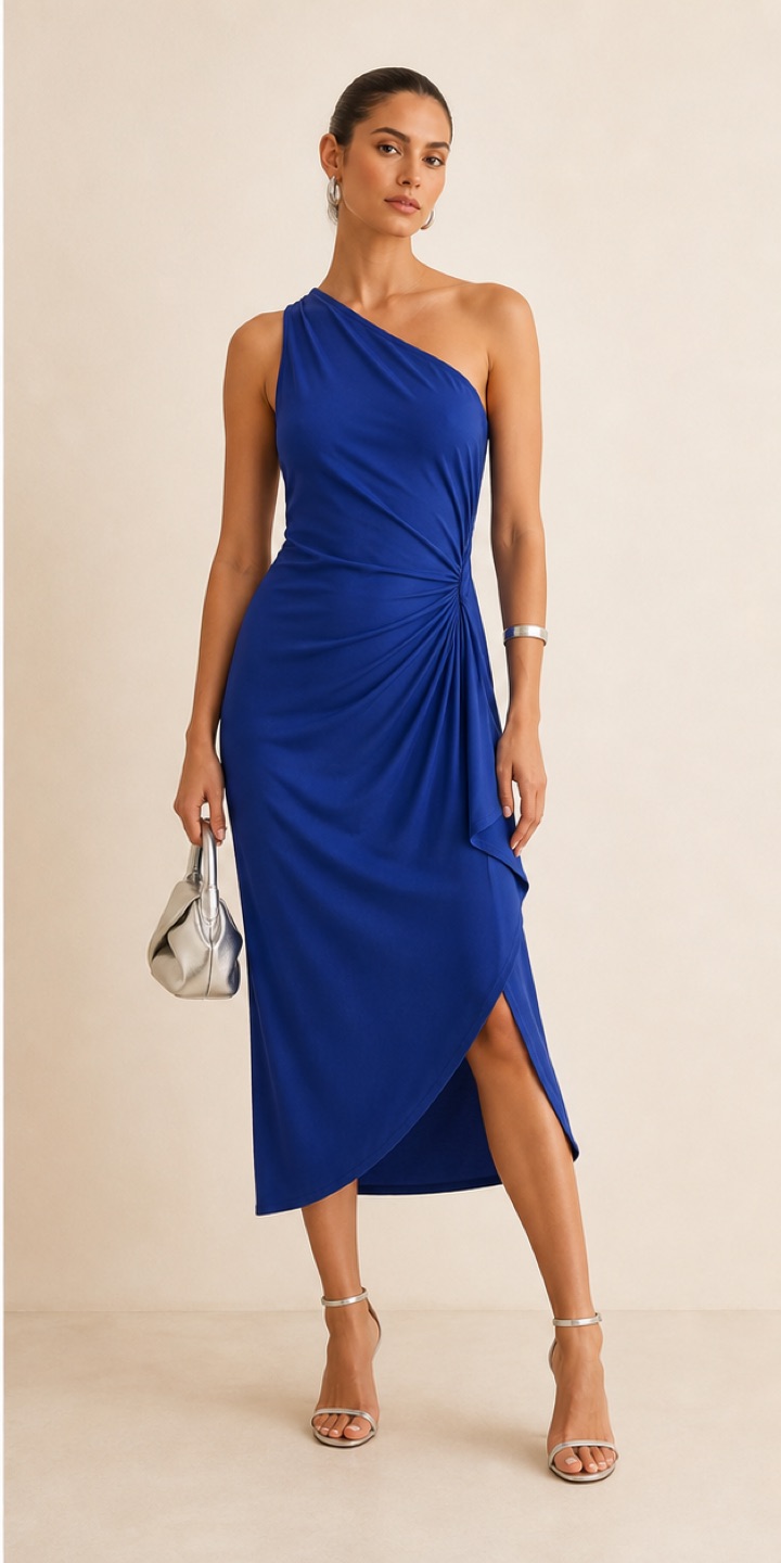 Outfit with Cobalt asymmetric draped midi dress, Silver sculptural mini bag, Metallic strappy heels curated by @dopasnap