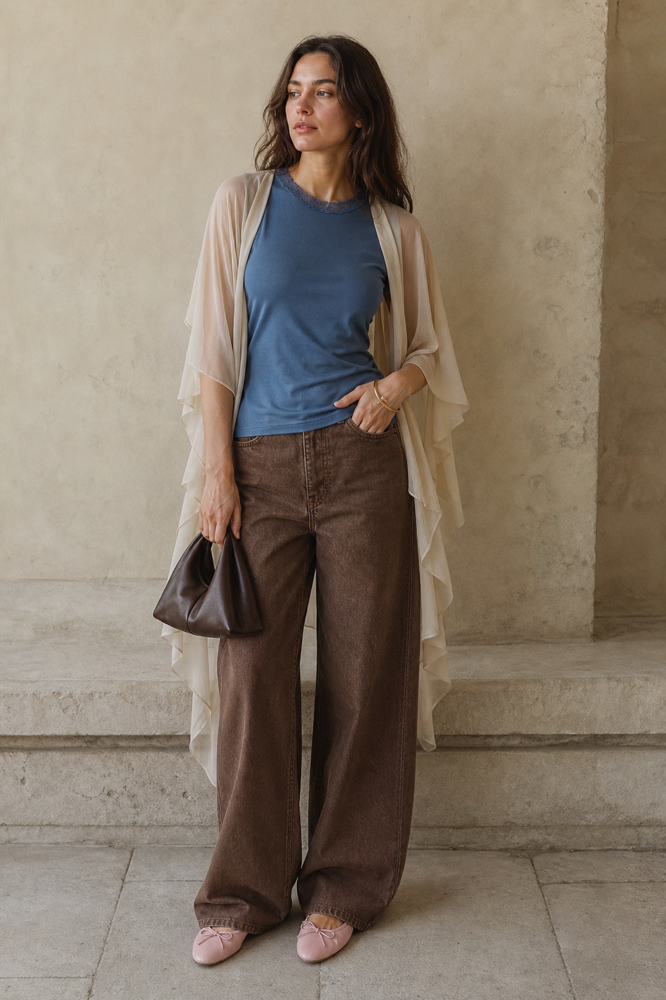 Outfit with Blue Lace-Trimmed Cupro T-Shirt, Brown Wide-Leg Cotton Denim Jeans, Pink ballet flat slipper shoe curated by @dopasnap