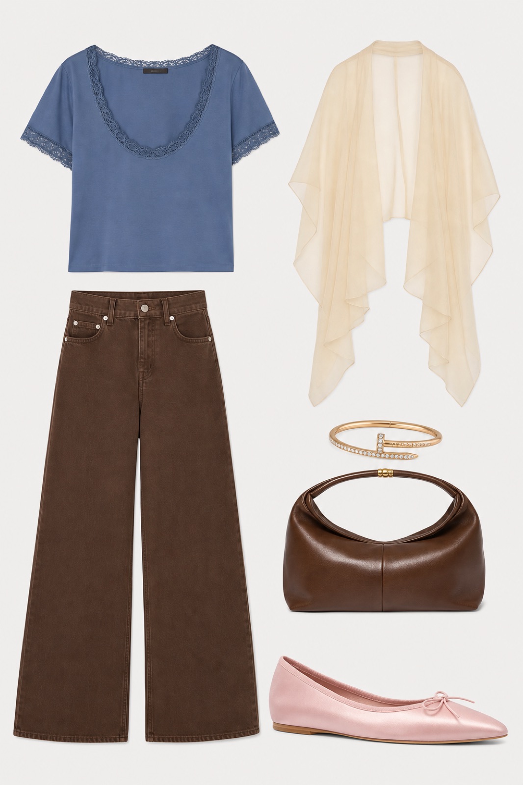 Outfit with Blue Lace-Trimmed Cupro T-Shirt, Brown Wide-Leg Cotton Denim Jeans, Pink ballet flat slipper shoe curated by @dopasnap