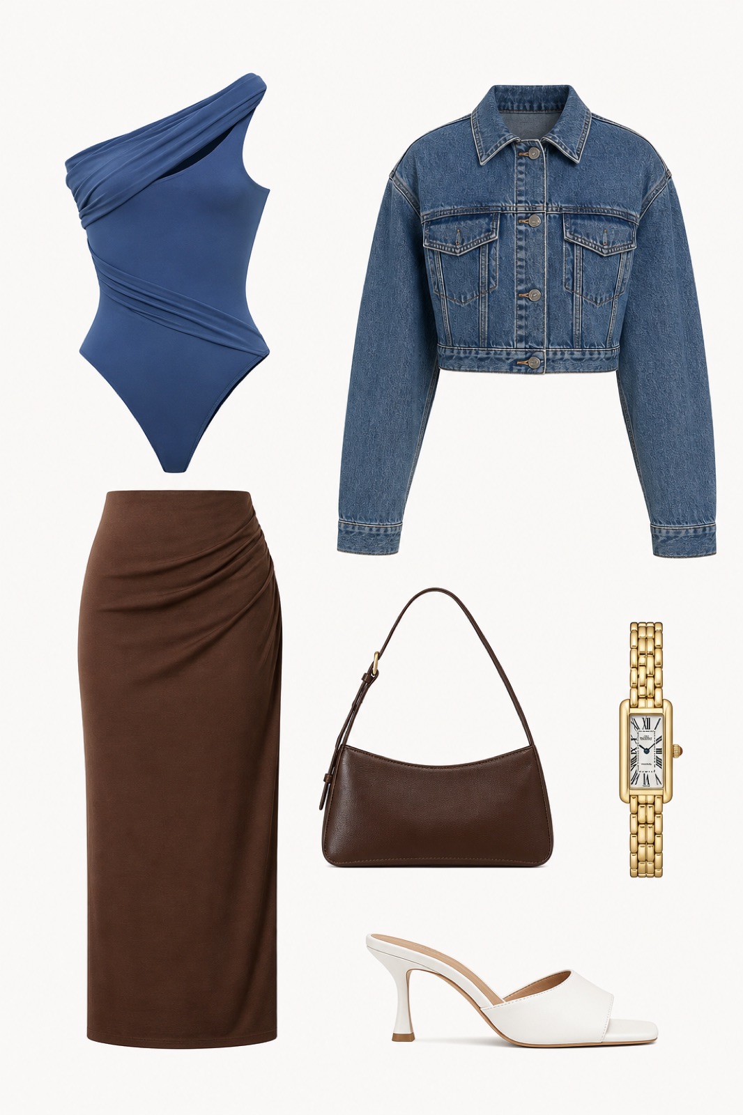Outfit with Blue Bodysuit, Brown Bodycon Skirt, White Mule Heels curated by @dopasnap