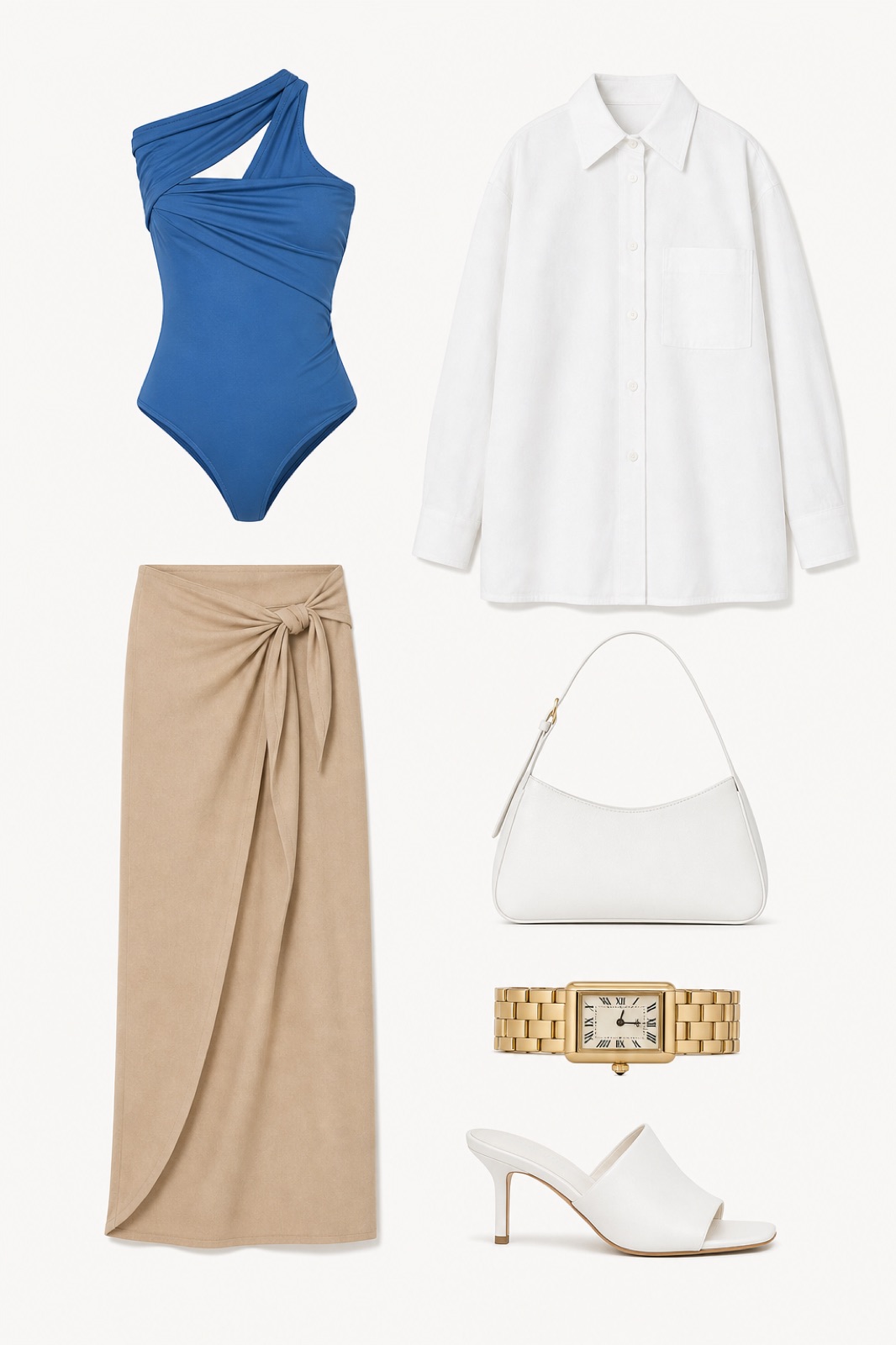 Outfit with Blue Bodysuit, Tan Marocain with Tie-Waist Detail Skirt, White Mule Heels curated by @dopasnap