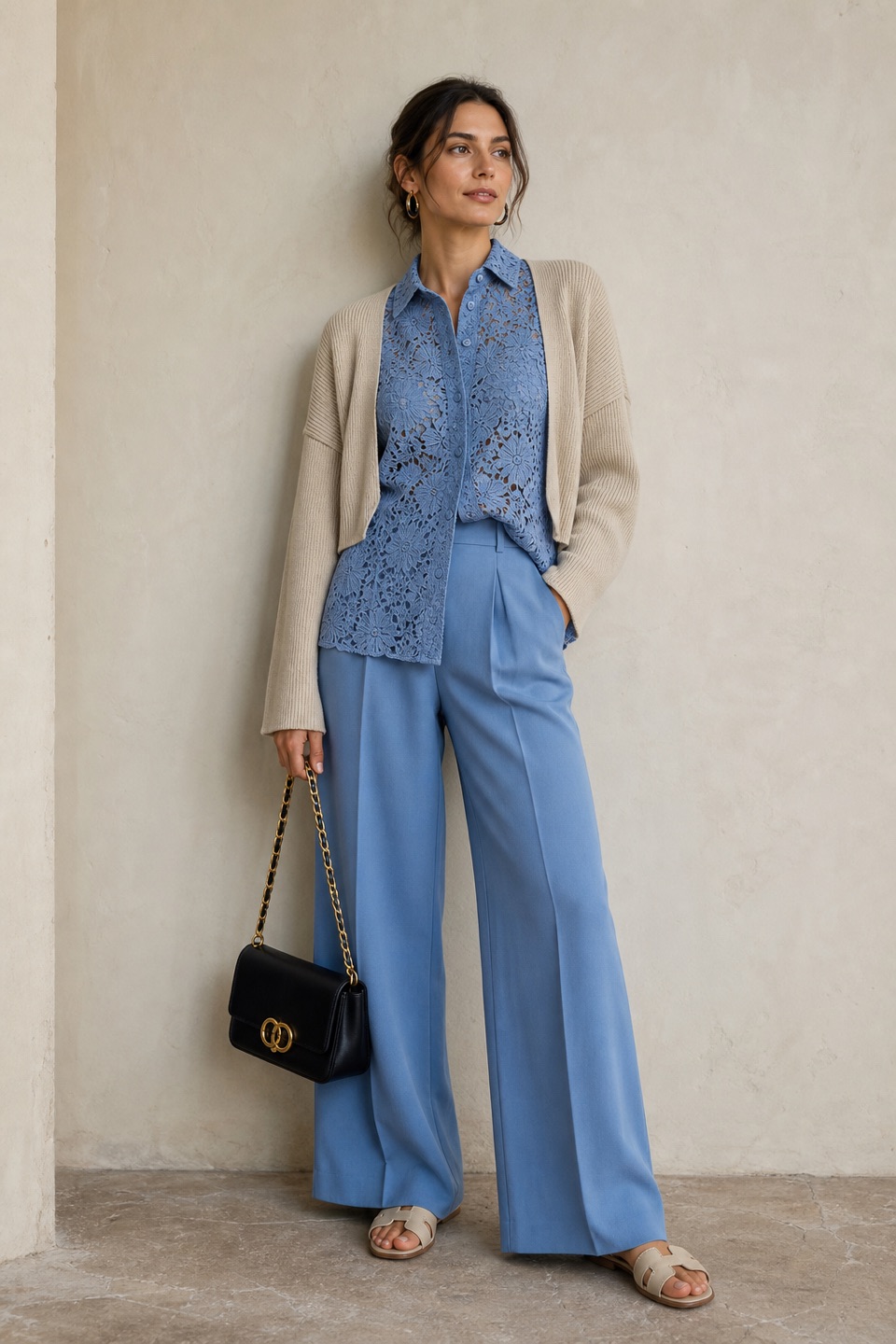 Outfit with Blue Floral-Lace Shirt, Blue Wide-Leg Trousers, Leather Slide Sandals curated by @dopasnap