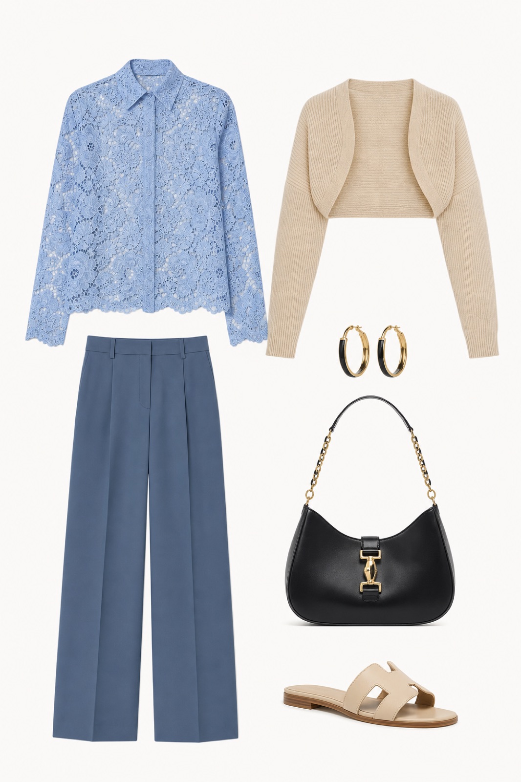 Outfit with Blue Floral-Lace Shirt, Blue Wide-Leg Trousers, Leather Slide Sandals curated by @dopasnap