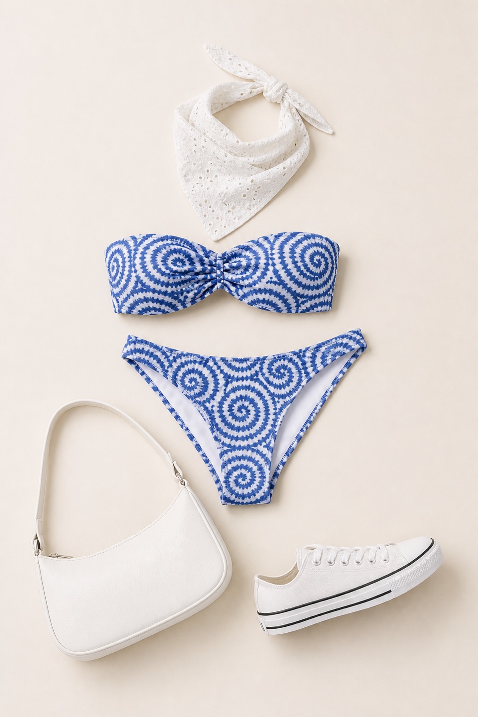 Outfit with blue and white spiral bandeau bikini set, White canvas low-top sneaker, White Shoulder Bag curated by @dopasnap
