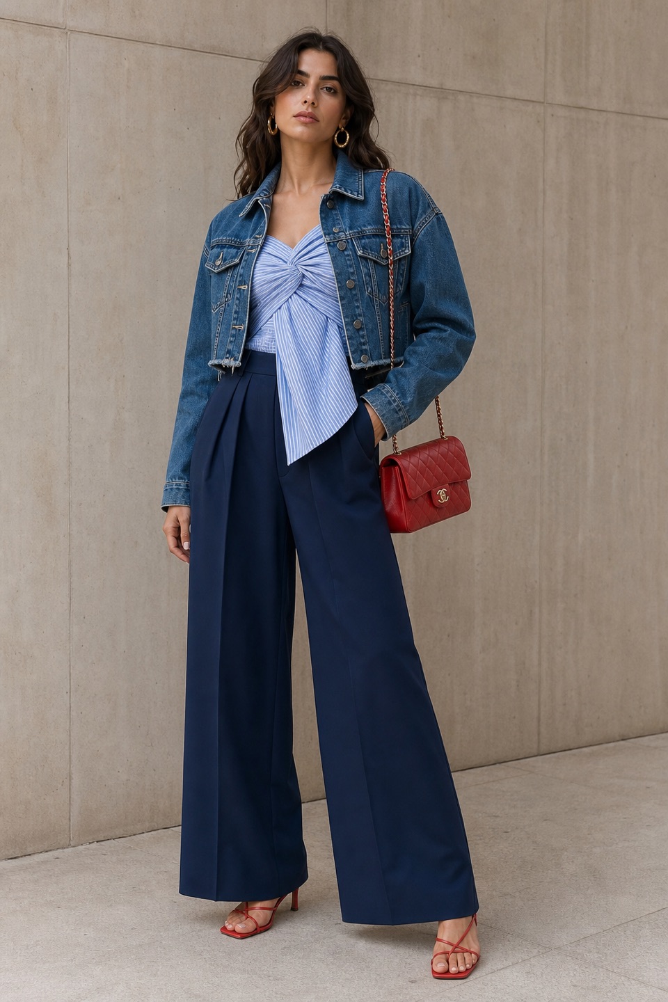 Outfit with Blue Striped Poplin with Knot Detail Bodysuit, Blue Wide-Leg Trousers, red LACE UP HEEL sandals curated by @dopasnap