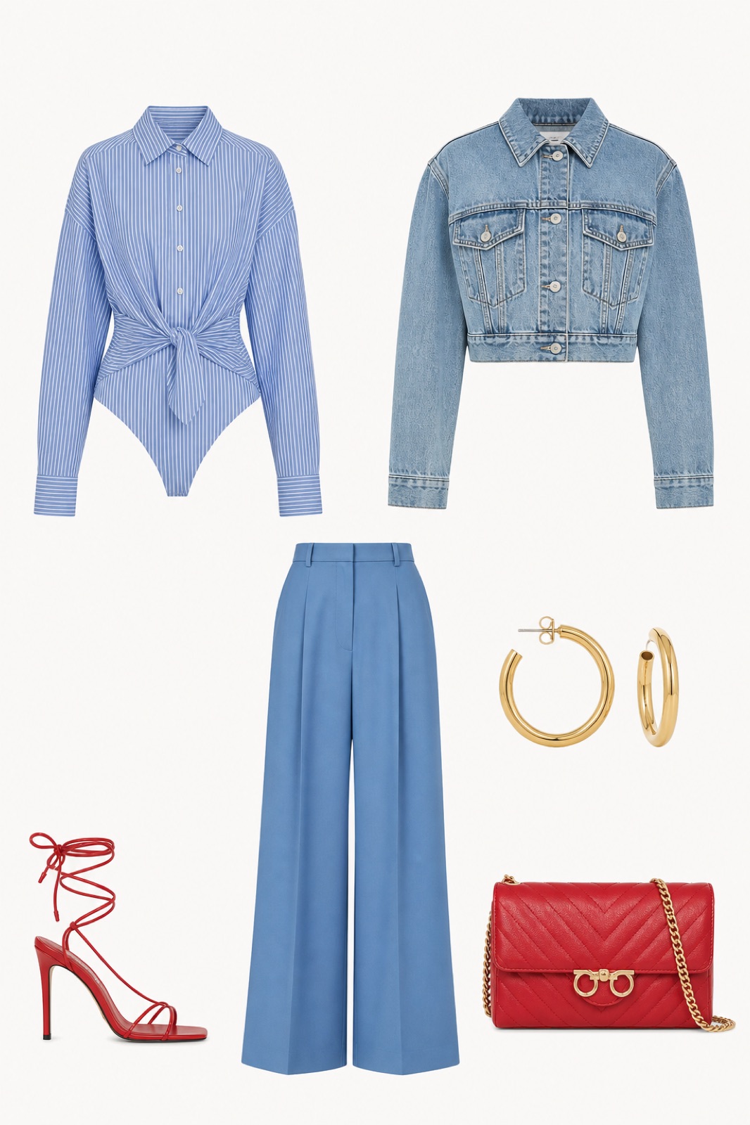 Outfit with Blue Striped Poplin with Knot Detail Bodysuit, Blue Wide-Leg Trousers, red LACE UP HEEL sandals curated by @dopasnap