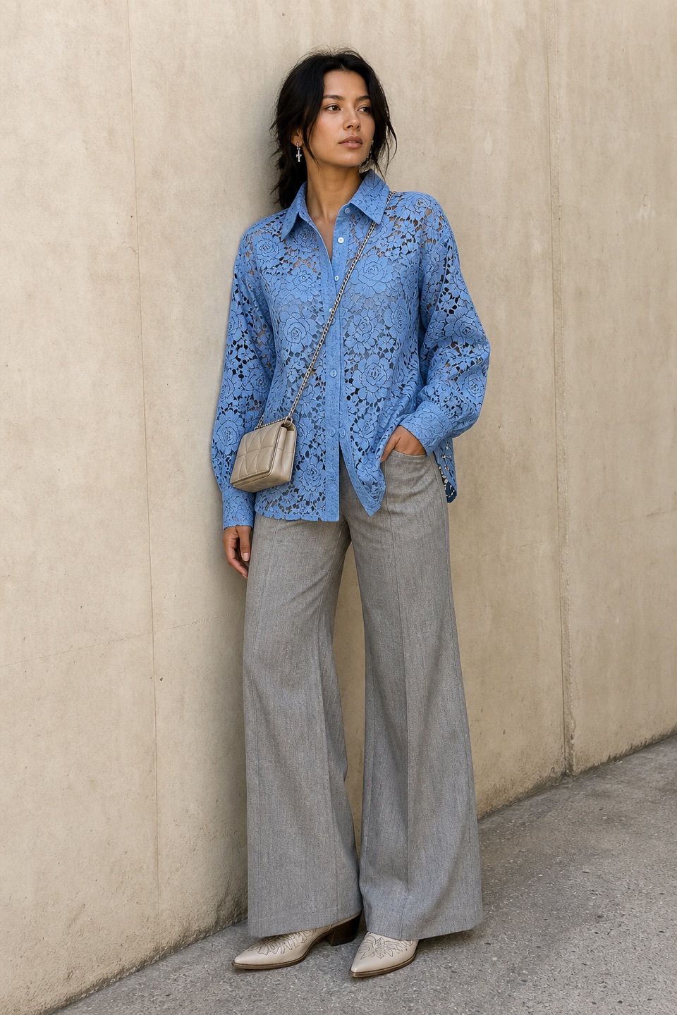 Outfit with Blue Floral-Lace Cotton Shirt, Gray Viscose-Silk Flared Trousers, Cowboy boot jeans curated by @dopasnap