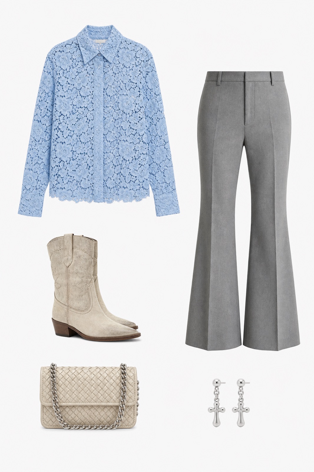 Outfit with Blue Floral-Lace Cotton Shirt, Gray Viscose-Silk Flared Trousers, Cowboy boot jeans curated by @dopasnap