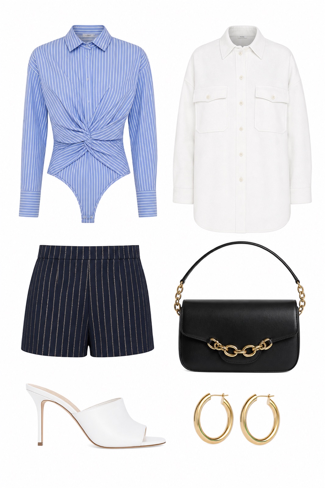 Outfit with Blue Striped Poplin Bodysuit, Navy Striped Mini Shorts, White Mule Heels curated by @dopasnap