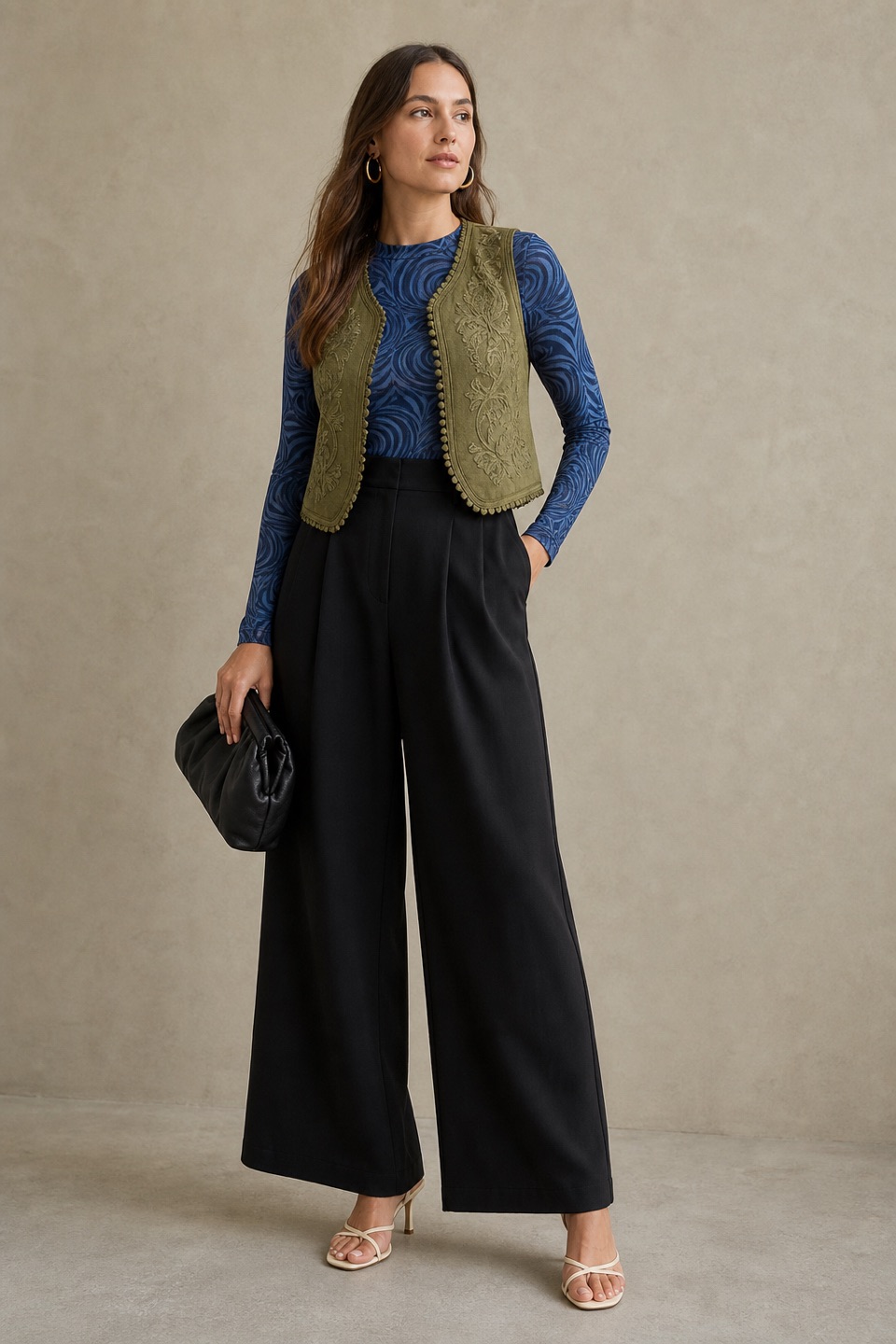 Outfit with blue spiral print bikini set, black tall high-waist wide-leg trousers, Fancy vest Olive green curated by @dopasnap