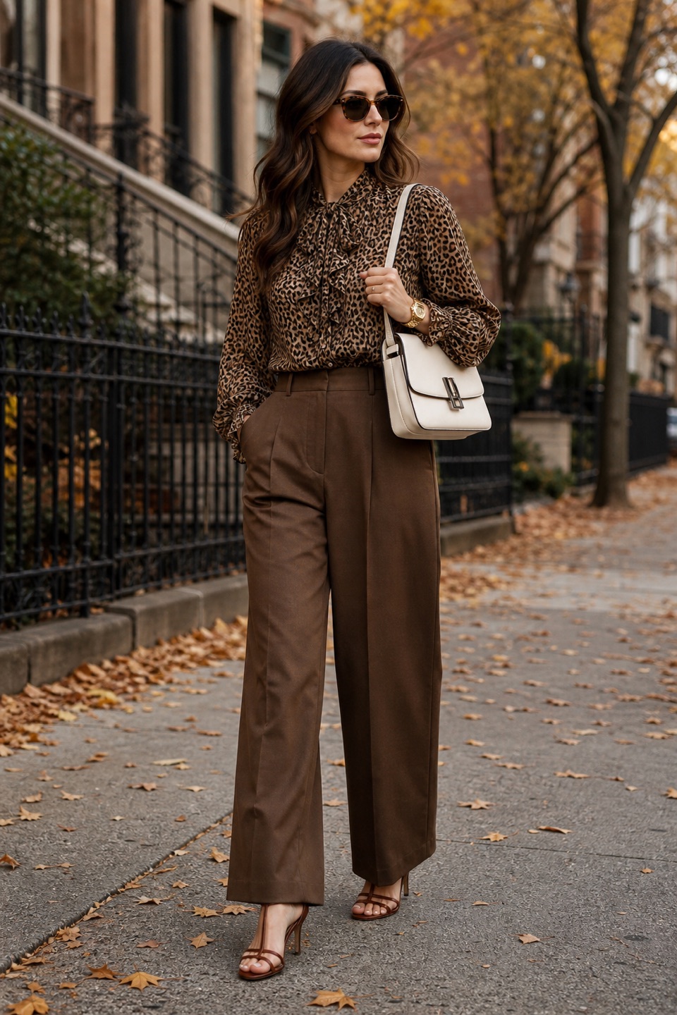 Outfit with Brown Leopard-Print Viscose with Ruffled Tie Neck Blouse, Brown Wide-Leg Cotton Trousers, Brown 85 Heel Sandal curated by @dopasnap