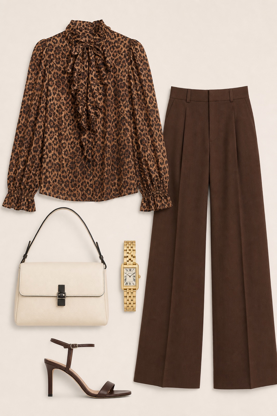 Outfit with Brown Leopard-Print Viscose with Ruffled Tie Neck Blouse, Brown Wide-Leg Cotton Trousers, Brown 85 Heel Sandal curated by @dopasnap