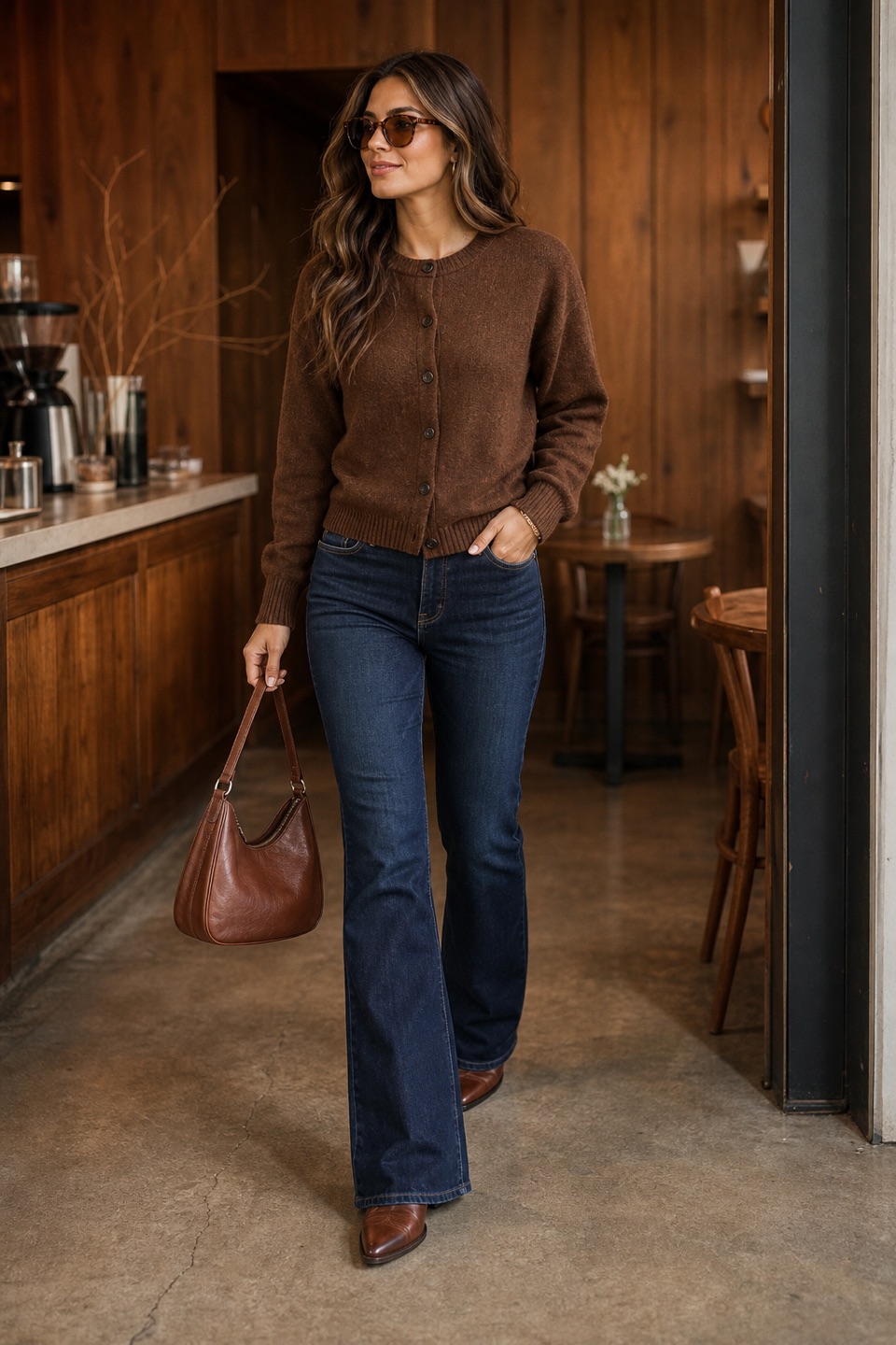 Outfit with brown button-front cardigan sweater, Dark Wash Bootcut Jeans, Cowboy boot jeans curated by @dopasnap