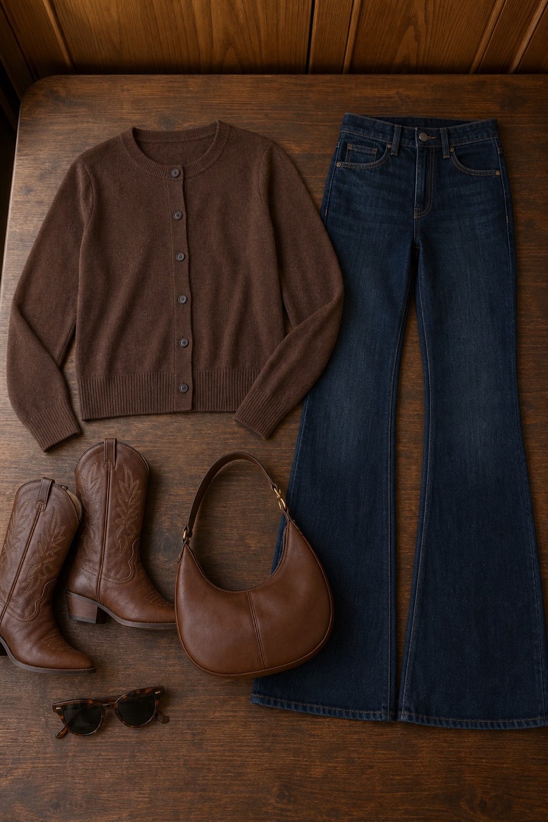 Outfit with brown button-front cardigan sweater, Dark Wash Bootcut Jeans, Cowboy boot jeans curated by @dopasnap