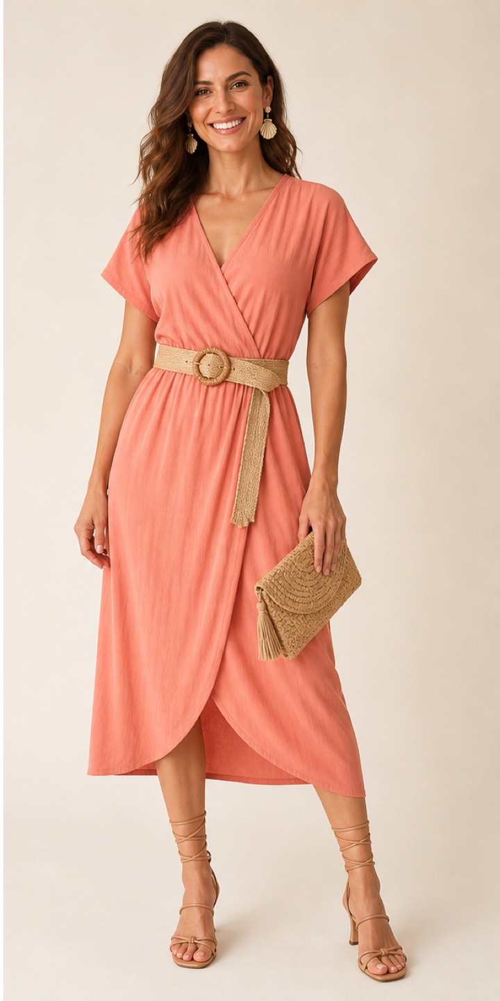 Outfit with Soft-coral wrap midi dress, Natural raffia waist belt, Woven raffia clutch curated by @dopasnap