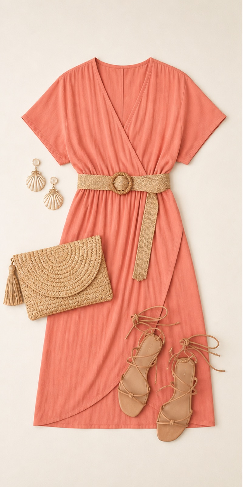 Outfit with Soft-coral wrap midi dress, Natural raffia waist belt, Woven raffia clutch curated by @dopasnap