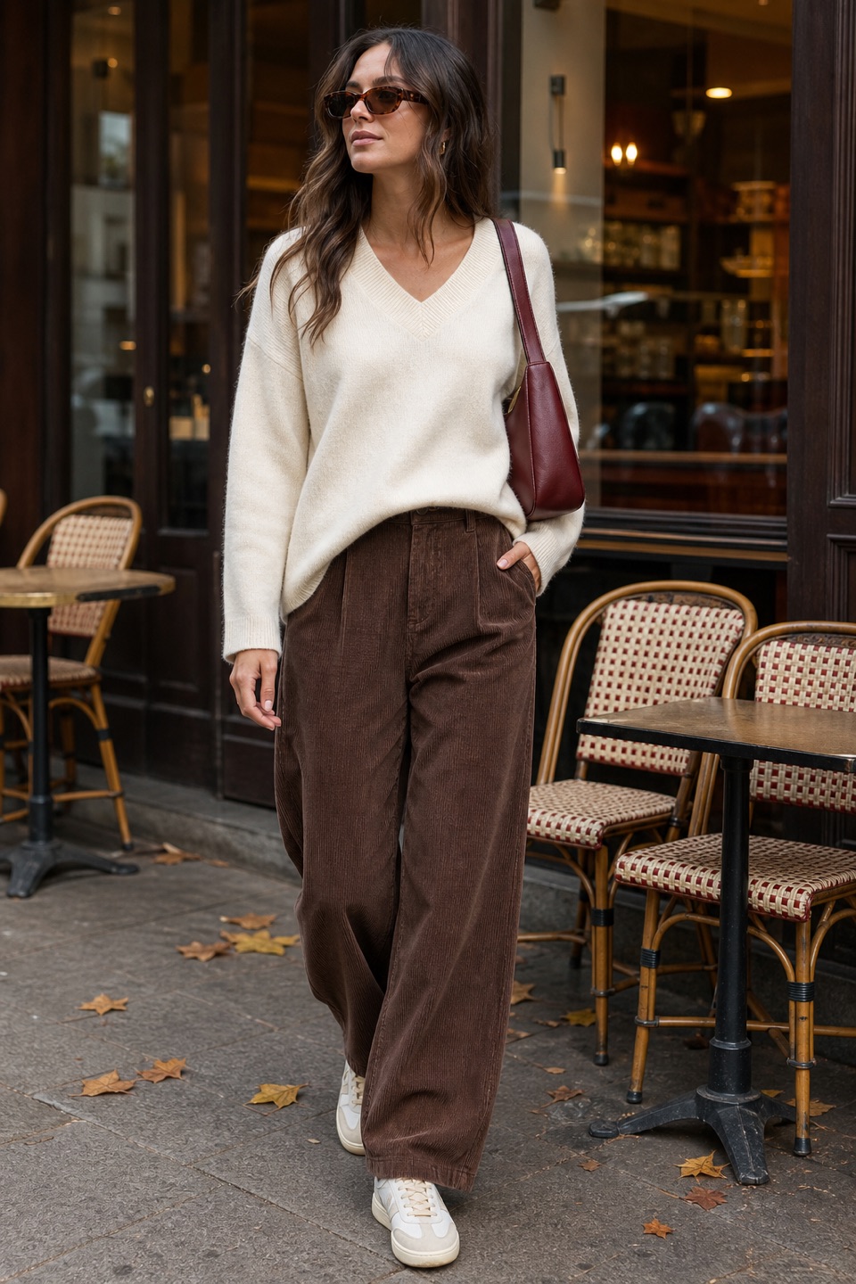 Outfit with Cream Mara Wool, Silk & Cashmere Blend V-Neck Sweater, Brown Corduroy Wide Leg Trousers, Cream retro sneakers curated by @dopasnap