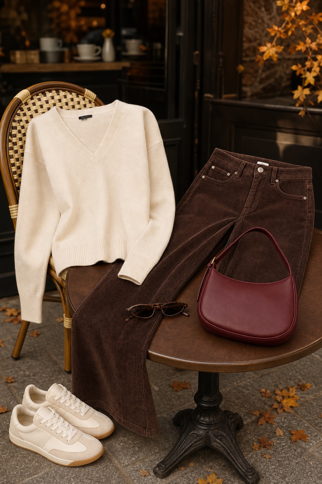 Outfit with Cream Mara Wool, Silk & Cashmere Blend V-Neck Sweater, Brown Corduroy Wide Leg Trousers, Cream retro sneakers curated by @dopasnap
