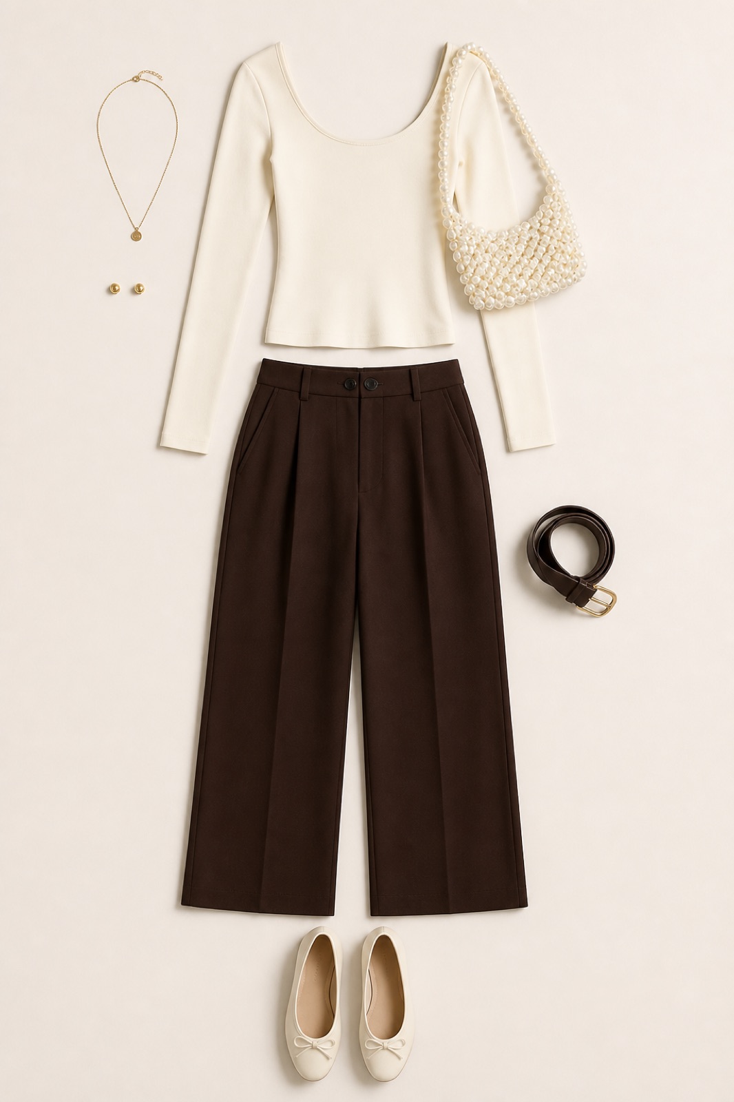 Outfit with Cream Square-Neck Bodysuit, Chocolate Trousers, Pearl Bag curated by @dopasnap