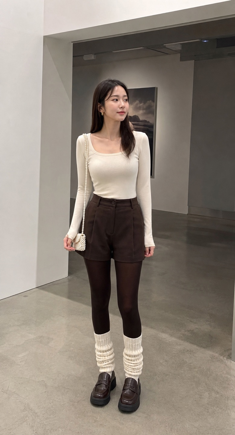 Outfit with Cream Square-Neck Bodysuit, Chocolate Tailored Shorts, Opaque Brown Tights curated by @dopasnap