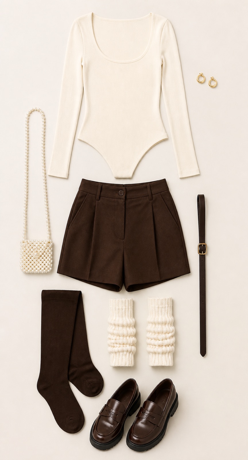 Outfit with Cream Square-Neck Bodysuit, Chocolate Tailored Shorts, Opaque Brown Tights curated by @dopasnap