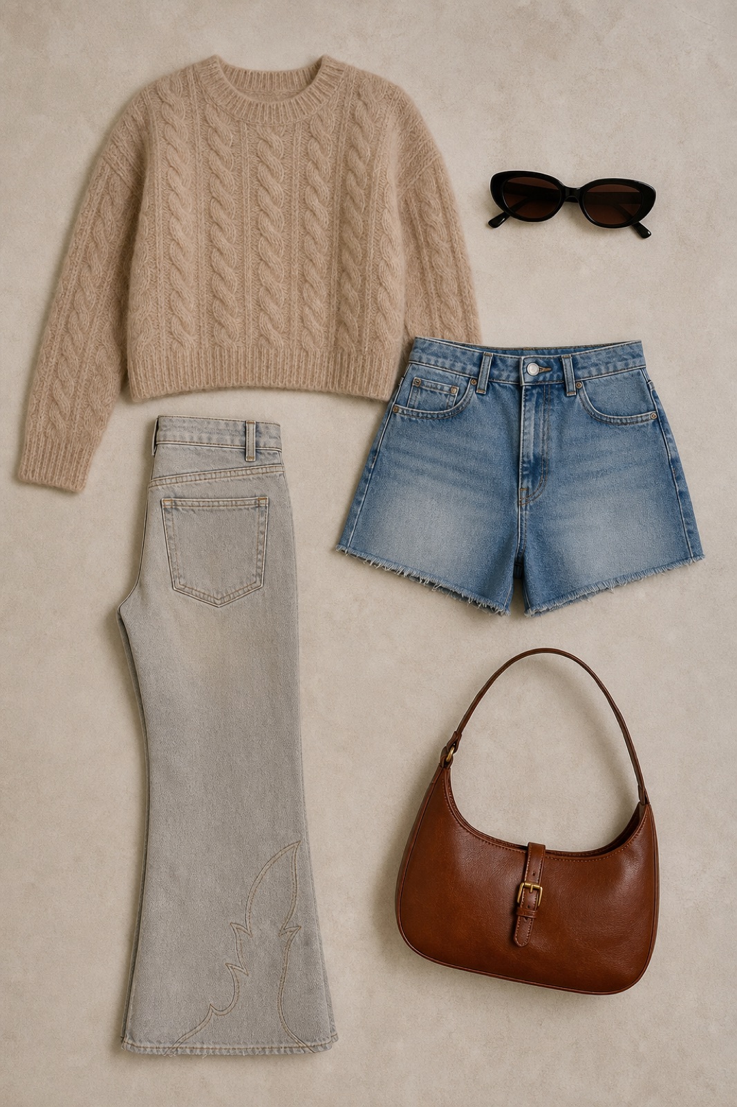 Outfit with Beige Cable-Knit Mohair Sweater, Denim Shorts, Cowboy boot jeans curated by @dopasnap
