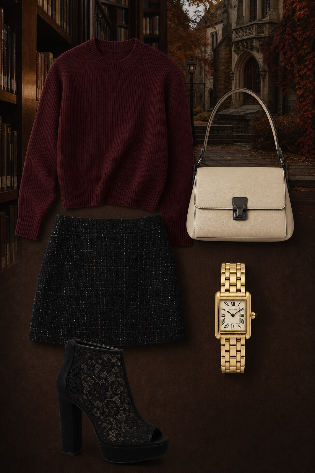 Outfit with Burgundy Ribbed Wool-Cashmere Sweater, Black Tweed Mini Skirt, black lace peep-toe platform ankle boots curated by @dopasnap