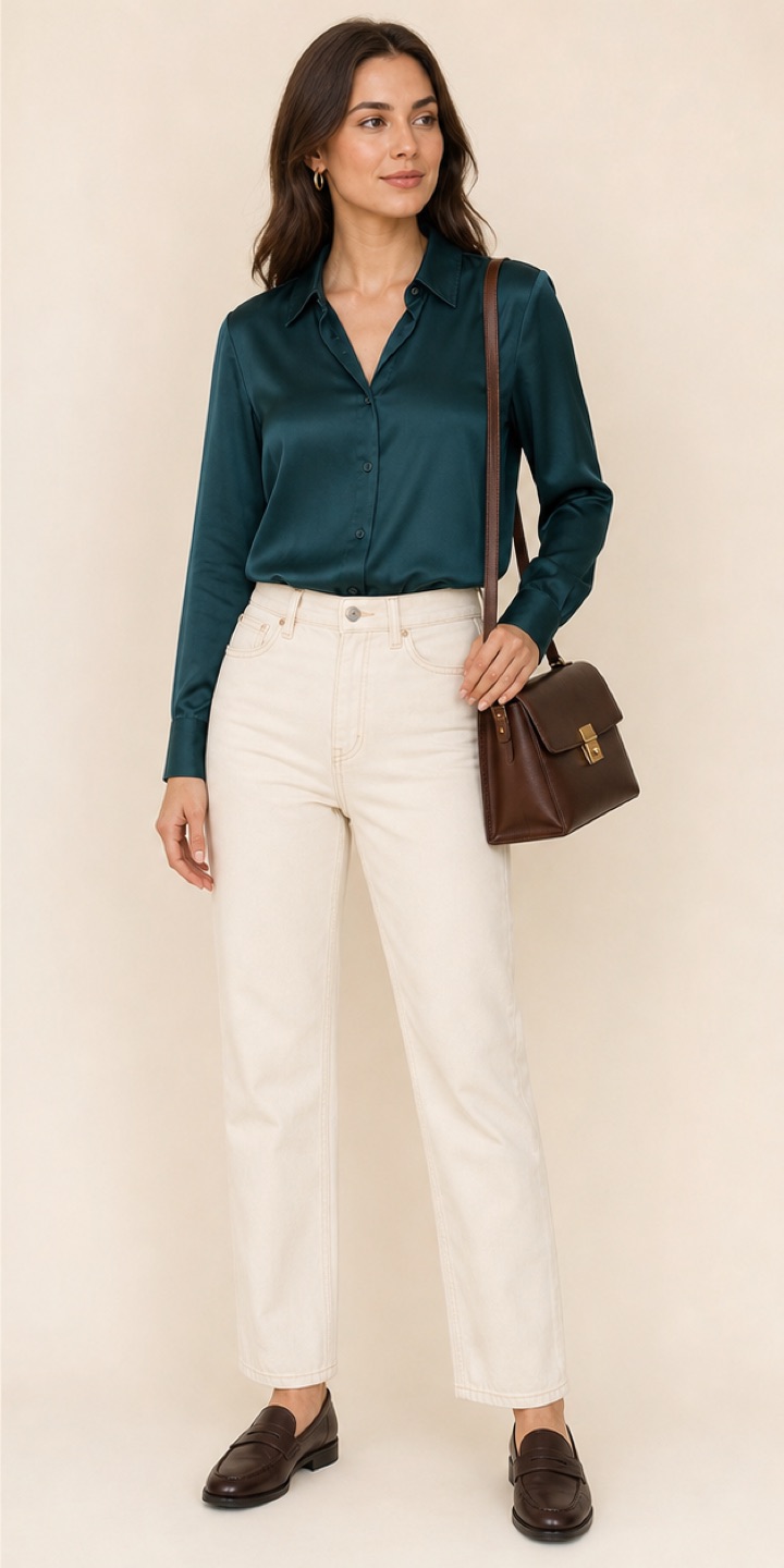 Outfit with Deep-teal satin blouse, Cream high-waisted jeans, Dark-brown leather loafers curated by @dopasnap