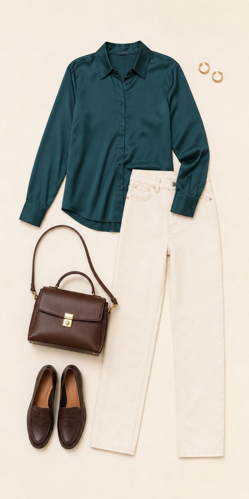 Outfit with Deep-teal satin blouse, Cream high-waisted jeans, Dark-brown leather loafers curated by @dopasnap