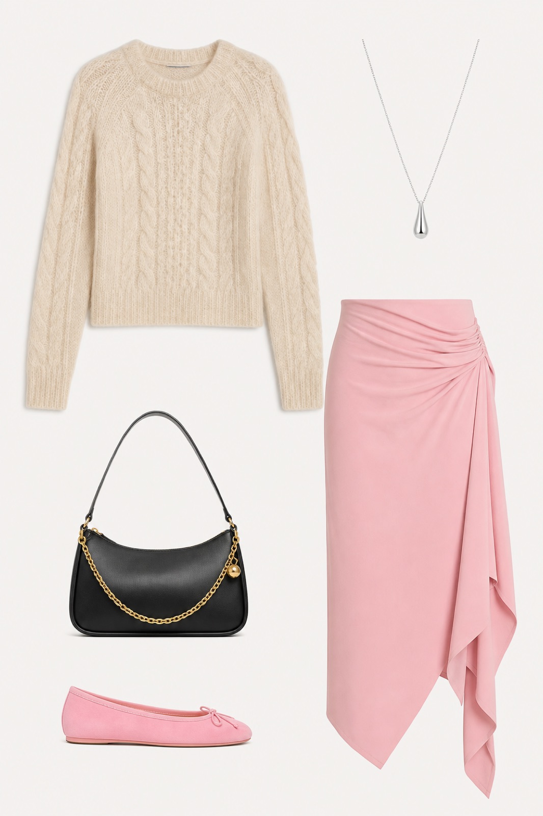 Outfit with Beige Cable-Knit Sweater, Pink Asymmetrical Draped Skirt, Pink Ballet Flats curated by @dopasnap