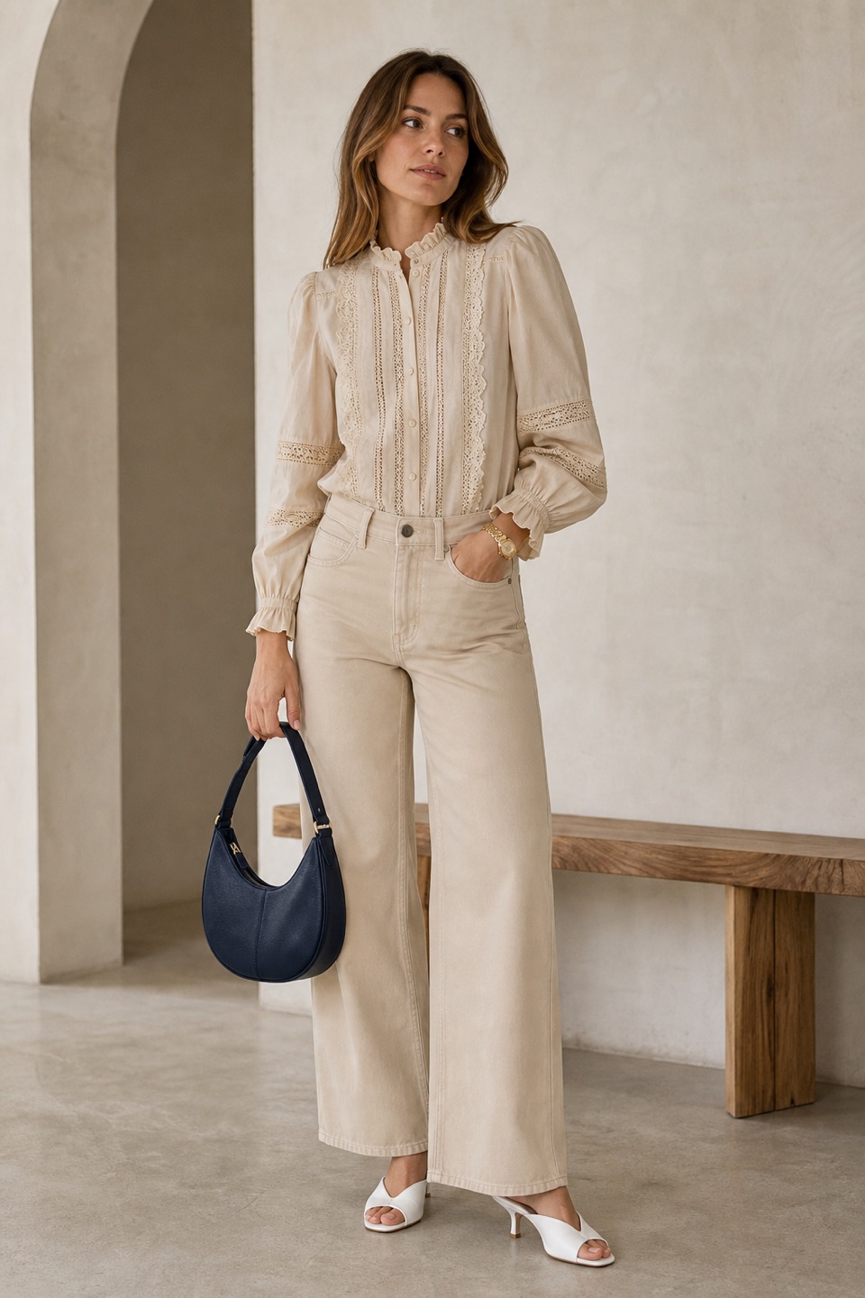 Outfit with Beige Cotton-Silk Blouse, Beige Baggy Satin Jeans, White Mule Heels curated by @dopasnap