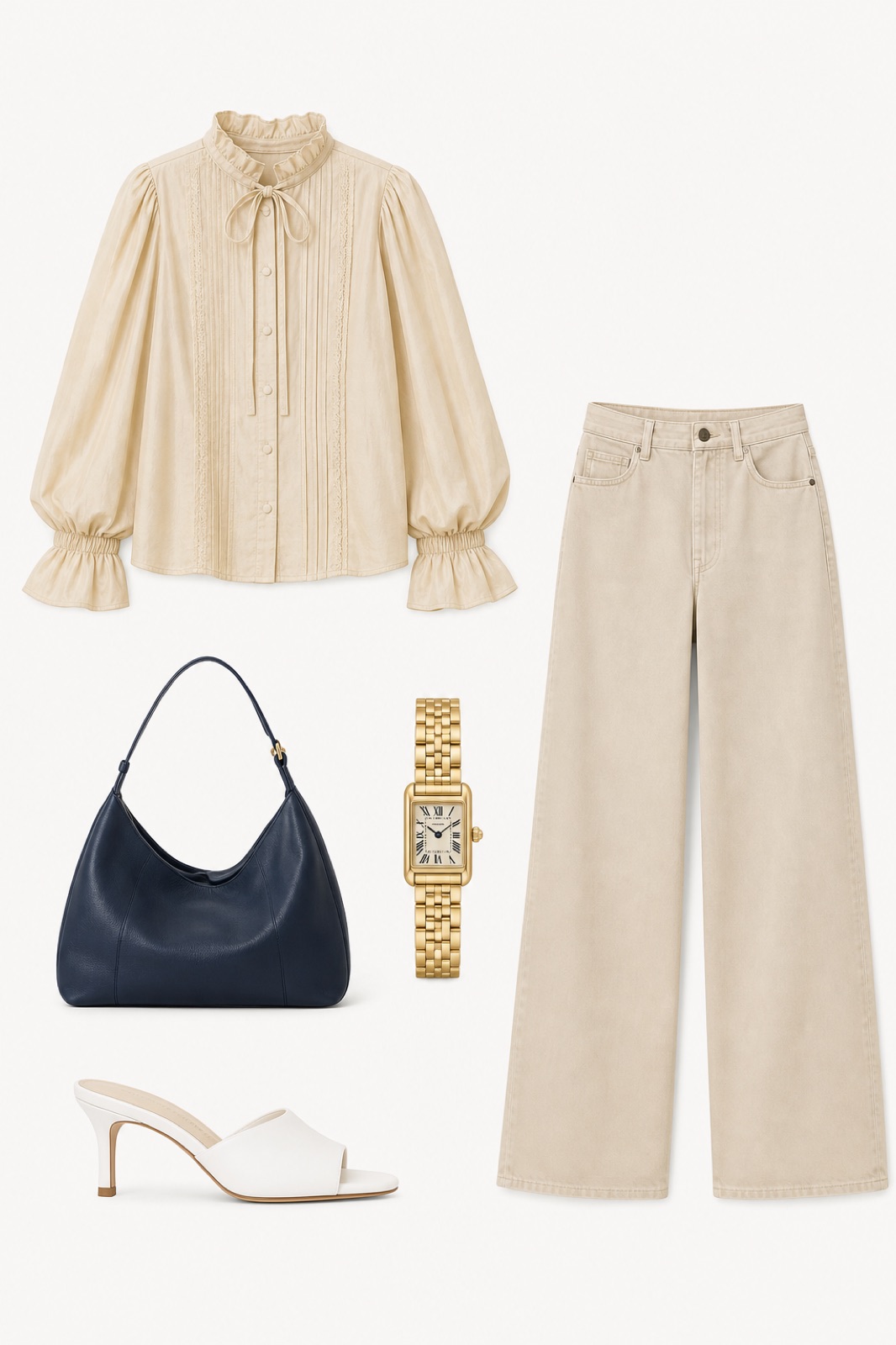 Outfit with Beige Cotton-Silk Blouse, Beige Baggy Satin Jeans, White Mule Heels curated by @dopasnap