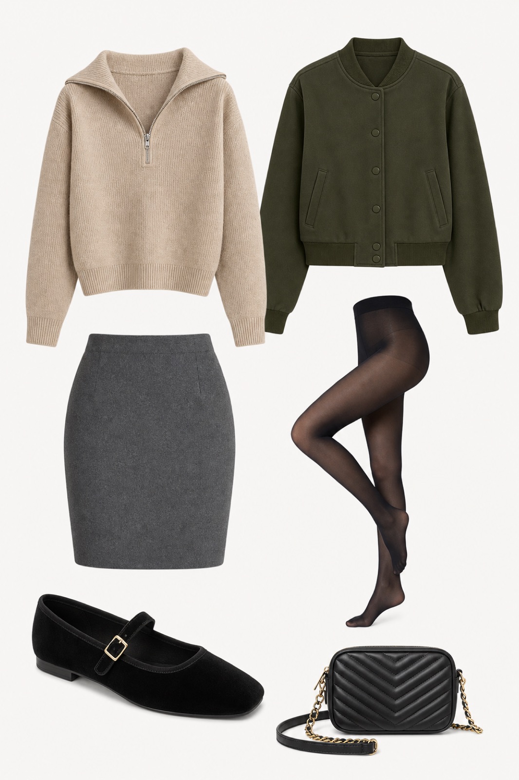 Outfit with Small Quilted Crossbody Bag, Trendy Designer Shoulder Bag, Olive Green Jacket Women - Dark Green Jacket Women Button Down, Gray Women's High Waist Wool Fall Winter Mini Pencil Bodycon Skirt curated by @dopasnap