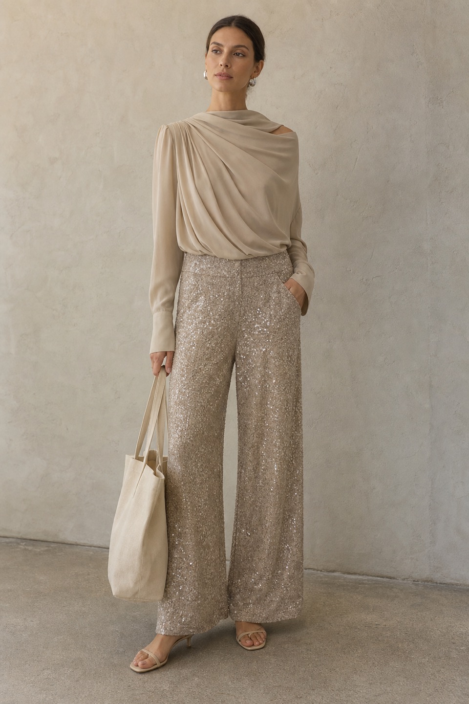 Outfit with Olive Blouse, Beige Sequin Wide-Leg Trousers, Kitten Heel Sandals curated by @dopasnap