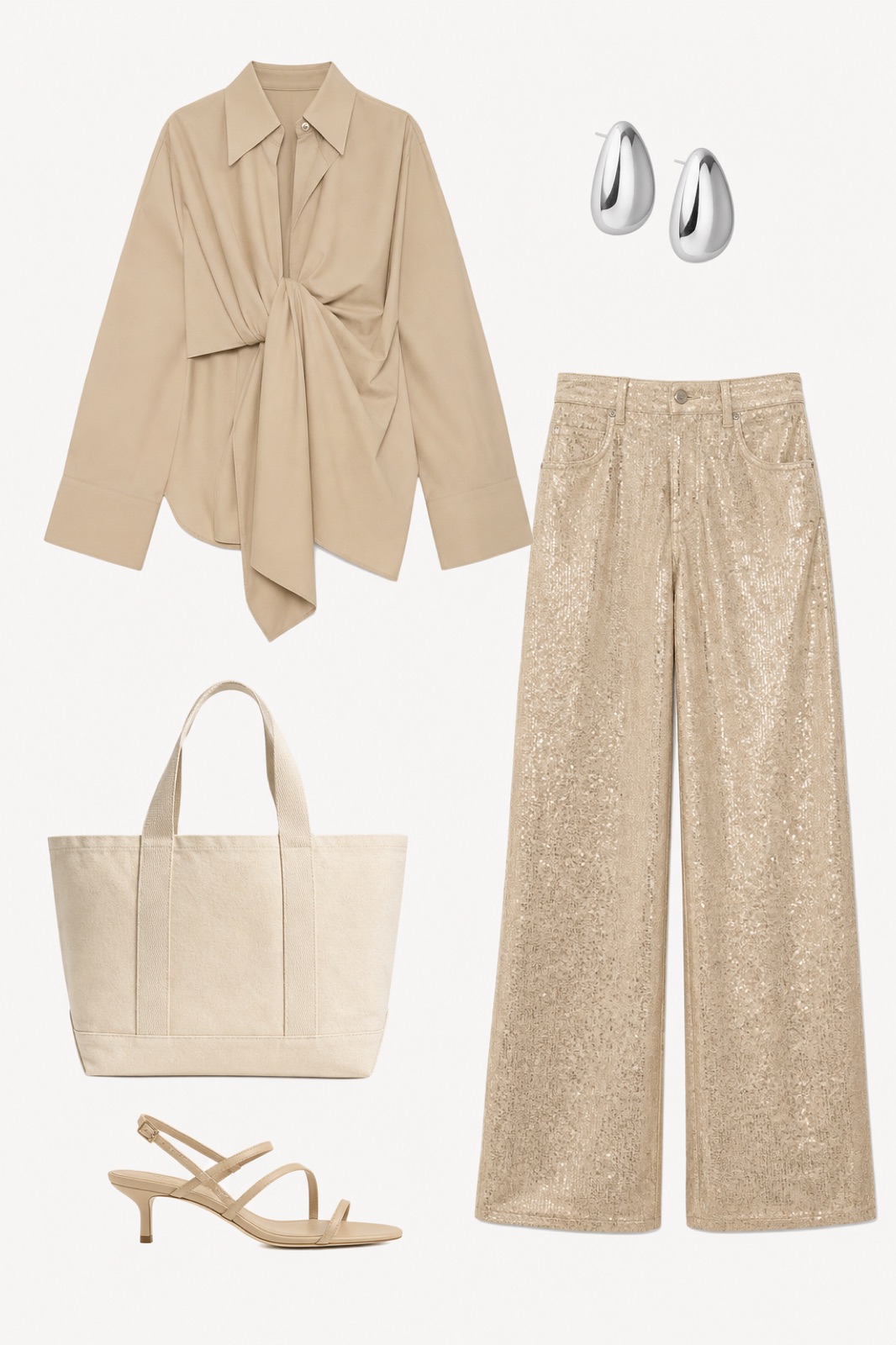 Outfit with Olive Blouse, Beige Sequin Wide-Leg Trousers, Kitten Heel Sandals curated by @dopasnap