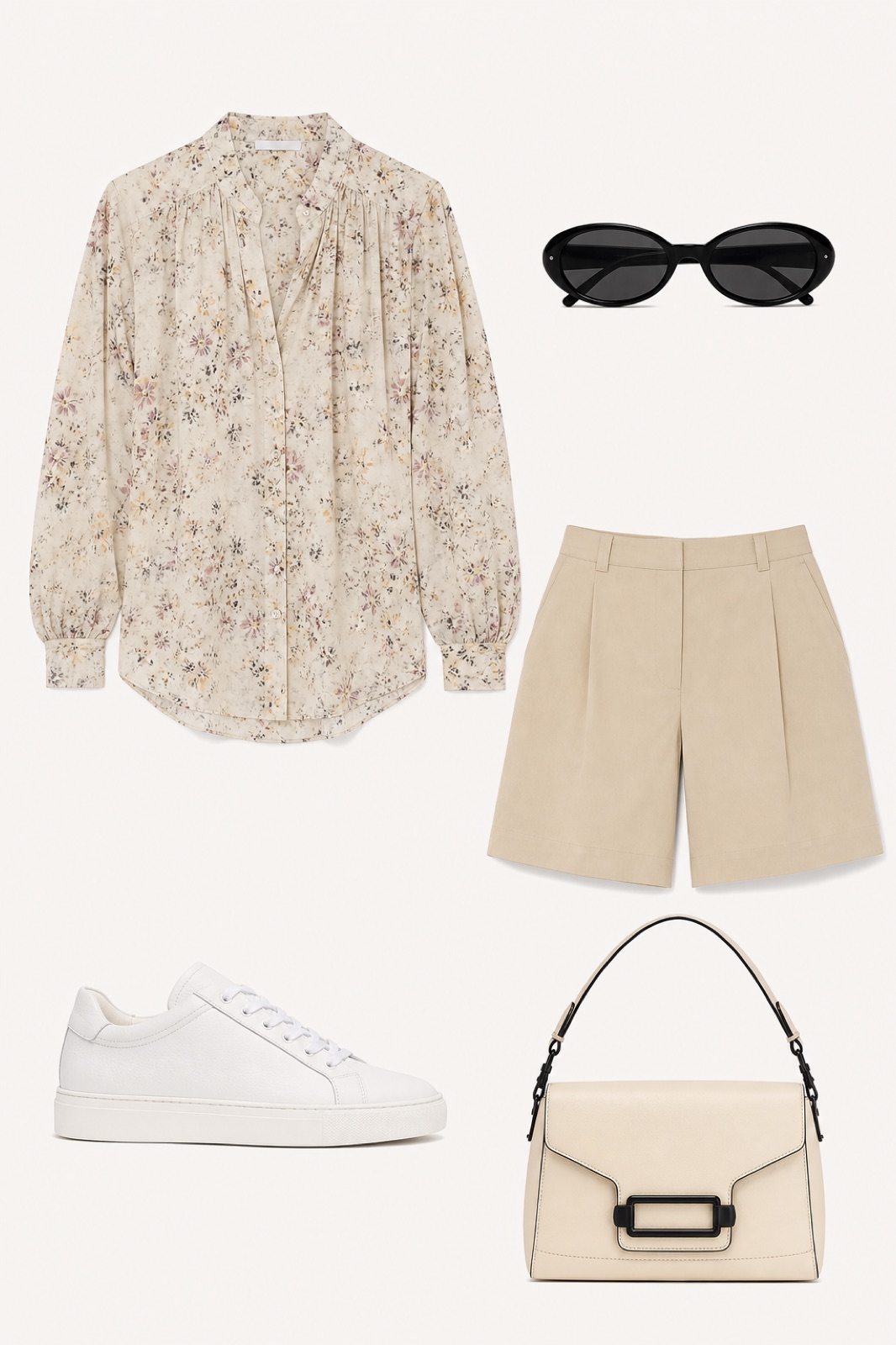 Outfit with Beige Floral-Print Silk Shirt, Beige Bermuda Shorts, White leather low-top sneakers curated by @dopasnap