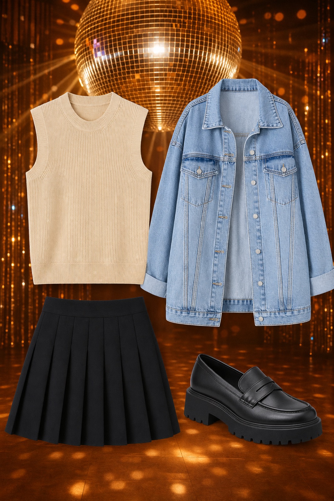 Outfit with Black Womens Loafers Platform Chunky Penny Loafer Office Business, Women's Black Pleated Skirt High Waisted Tennis A-Line Mini M, Light blue Oversized Denim Jacket Women Boyfriend Jean Jacket Trendy curated by @dopasnap
