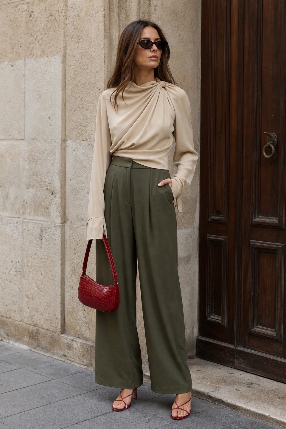 Outfit with Olive Blouse, Green Wide-Leg Wool Trousers, Red Lace-Up Heeled Sandals curated by @dopasnap